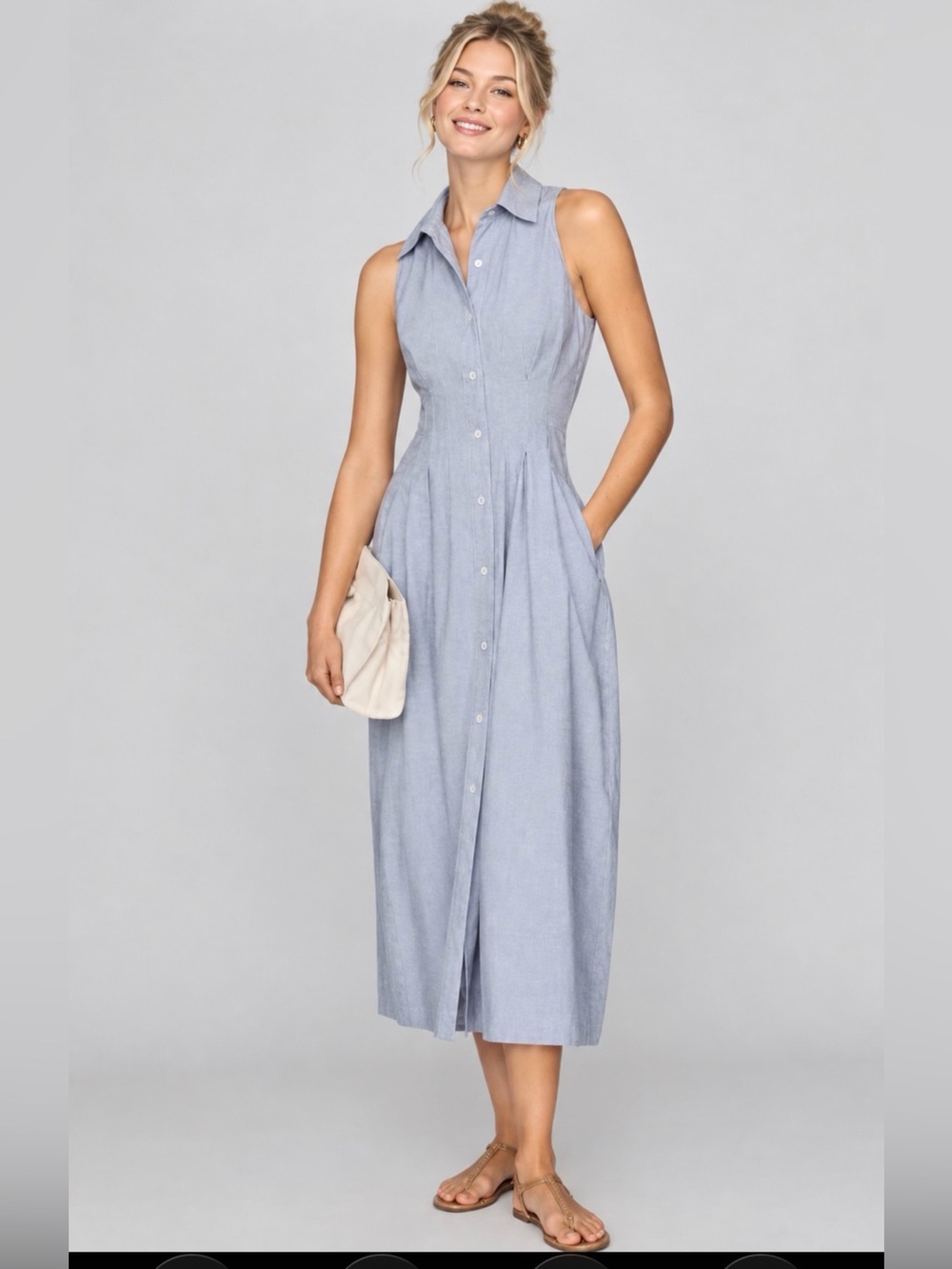 Anthropologie Exquise Sleeveless Light Blue Button up Midi Dress w/ Collar NWT L